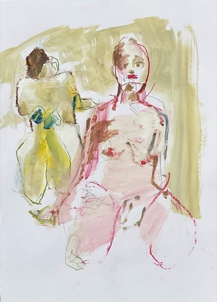 Twee modellen, okergeel en roze — schilderij van Henk van Dam