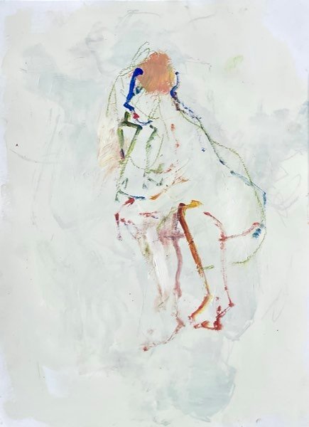 Model, ijl blauw oranje zittend — schilderij van Henk van Dam