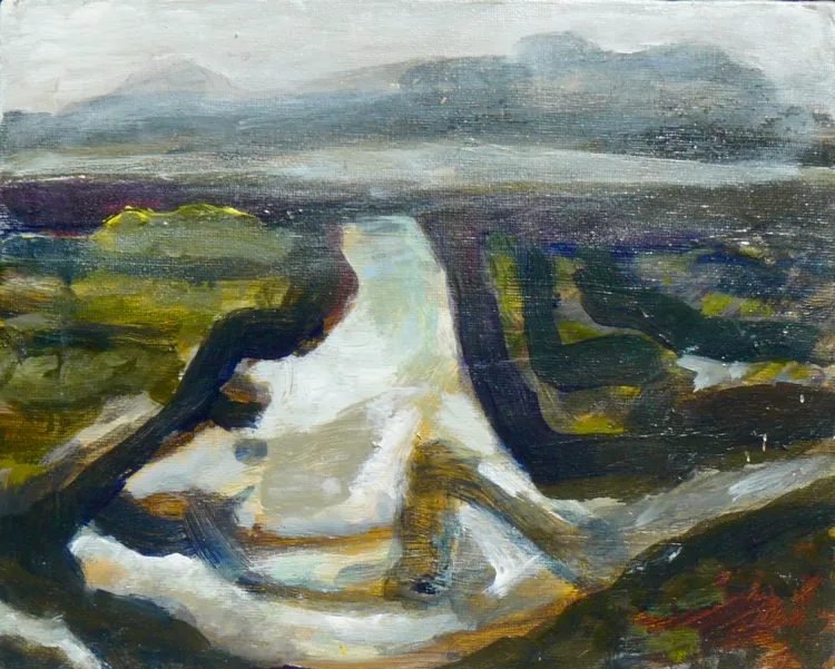 Landschap met slingerend water, donker land en verre lucht