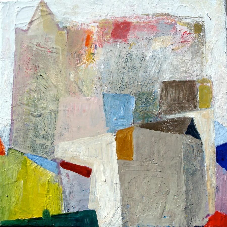 Detail van een opgebouwd schilderij met geschuurde lagen